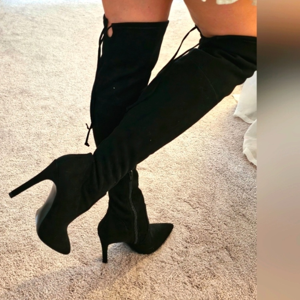 Guess suede over the knee boots. Worn once 4 inch heel tie detail. Size 6.5